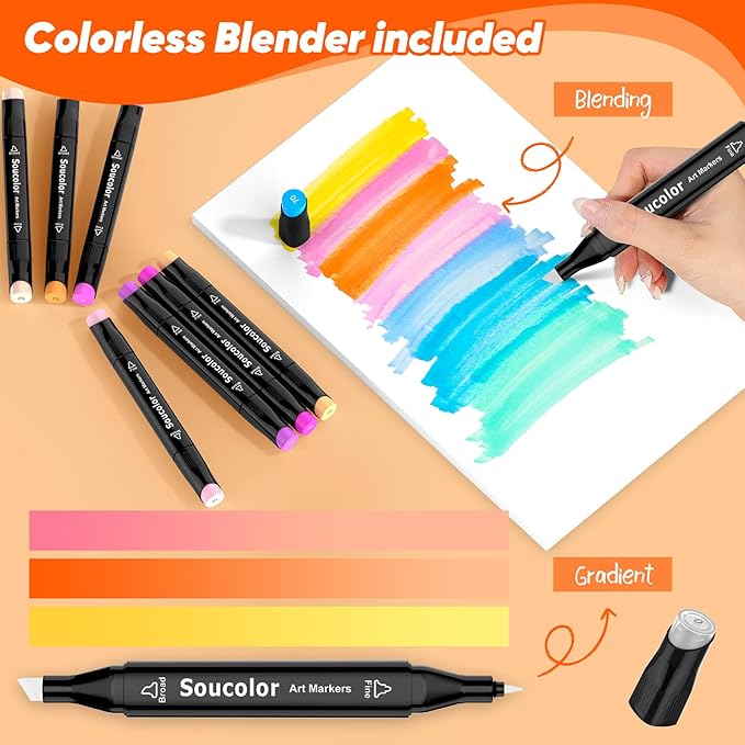 Soucolor Alcohol Markers, 131 Dual Tip Permanent Artist Art Markers for Adult Coloring, Sketching and Illustrations, with Case for Easy Storage, Alcohol Based Markers for Book Painting and Card Making