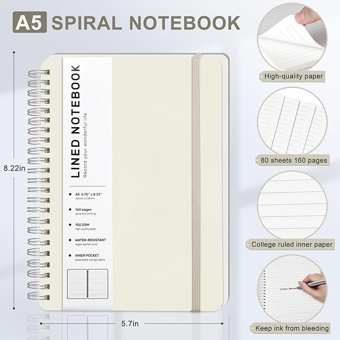 Lined Spiral Journal Notebook, A5 Hardcover Leather Notebook for Work, 5.7''×8.2'', 100GSM Thick Paper Spiral Bound Journaling Notebook for Women Men Office School Note Taking Business, Morandi Cream