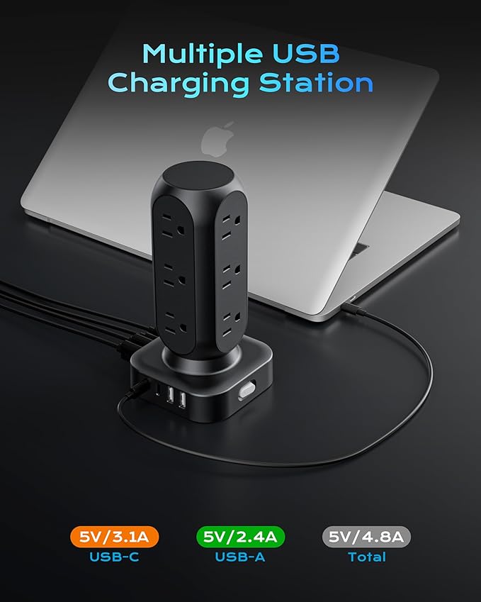 Tower Surge Protector Power Strip, Flat Plug 10FT Extension Cord with Multiple Outlets, 12 AC Outlets & 8 USB Ports, 24W Outlet Extender Overload Protection for Home Office Room