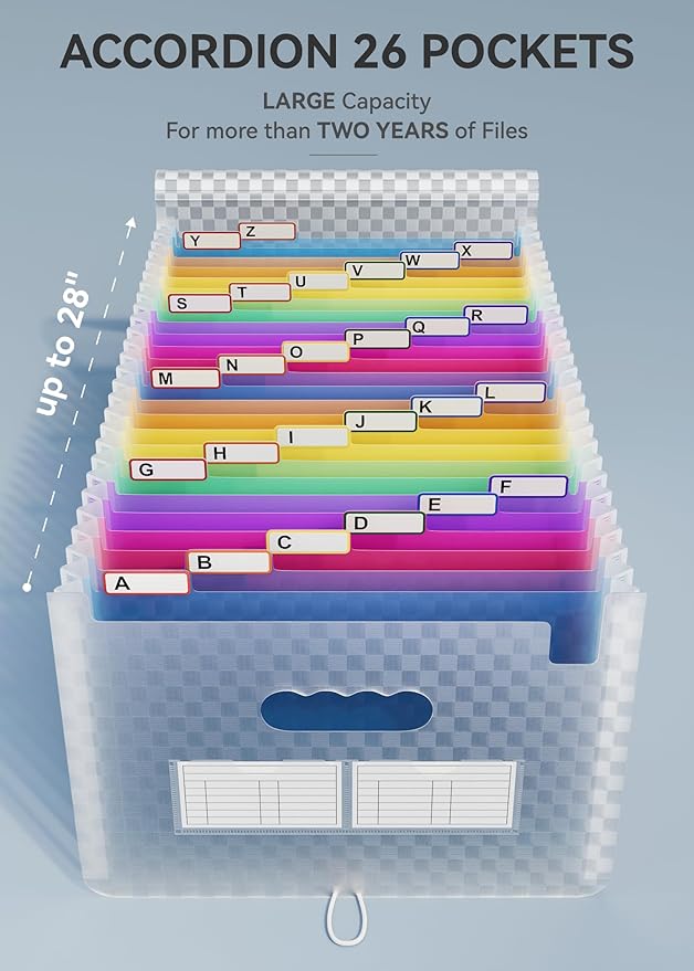 ABC life 26 Pockets Accordian File Folder Organizer Letter Size Expanding File Folder, A4 Portable Document Paper School Organizer, Expandable Multicolor Accordion Filing Folders with Labels(Blue)