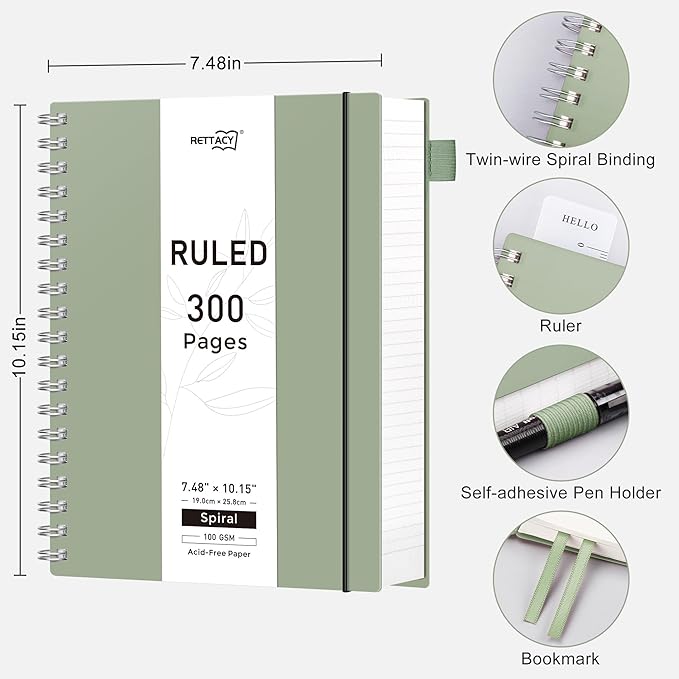 RETTACY Spiral College Ruled Notebook, 300 Pages, B5 Medium Size (7.4" x 10"), for School, Work, Writing, Journaling, 100 GSM Thick Paper, Flexible Plastic Cover (Light Green)