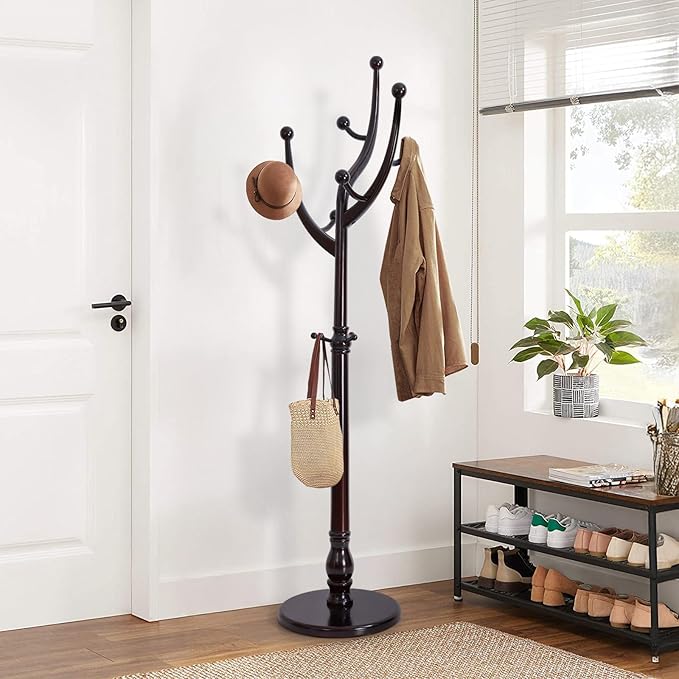 Coat Rack Tree Freestanding with Hooks, Heavy Duty Standing Wood Coat Rack with Solid Round Base, 74” Tree Shaped Coat Hanger Stand for Clothes, Hat, Jacket, Entryway Bedroom, Red Brown