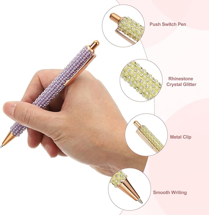 PATIKIL Rhinestone Metal Ballpoint Pen, 4 Pack Crystal Pearl Pens Black Ink 1.0mm Point Sparkly for Women Gift Office Note Taking Journaling, Yellow
