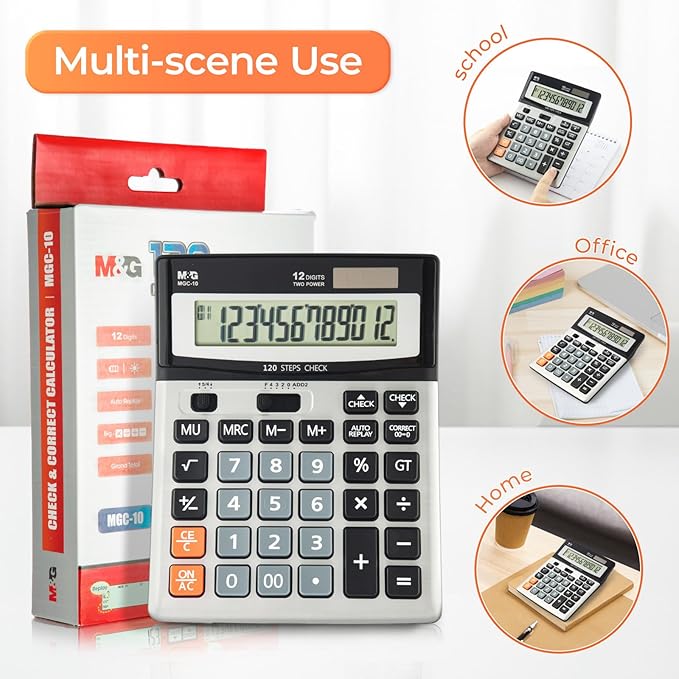 M&G Desk Calculator 12 Digit Extra Large LCD Display Calculators with Check & Correct, Dual Solar Power and Battery, Multi-Functional Financial Office Business Calculator with Big Buttons