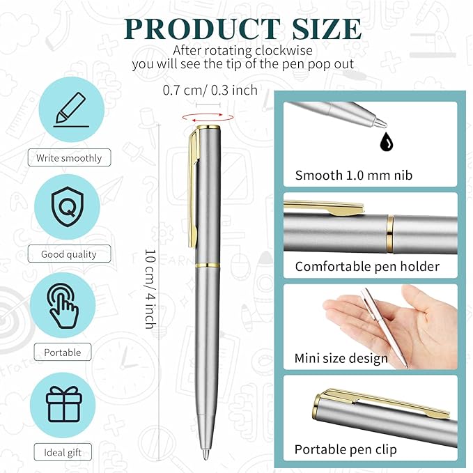 Teling 72 Pcs Small Ballpoint Pen Mini Pens Bulk 4 Inch Short Small Tiny Black Ink Ballpoint Writing Tool for Notebook Pockets Signature Notepads School Office(Silver, Gold,Classic Style)