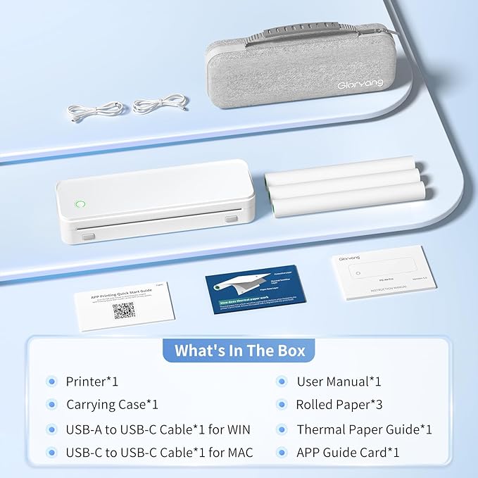 Inkless Portable Printer for Travel, Wireless Thermal Printer Supports 8.5 x 11 Inch US Letter Size, Bluetooth Machine Includes Carry Case and 3 Rolls of Thermal Paper Kit, White