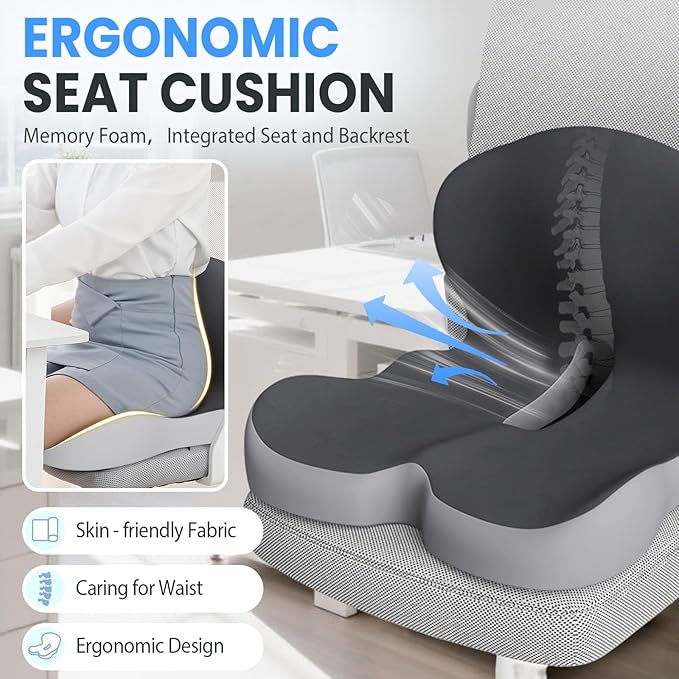 Back and Seat Cushion, 2025 New Ergonomic Non-Slip Memory Foam Seat Cushion with Back Support, L-Shaped Breathable Seat Cushions for Car, Office, Home (Mixed Gray)
