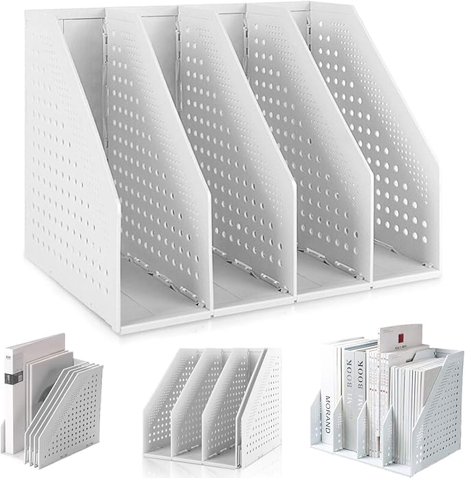 Lemical Magazine Holder 4 Vertical Compartments Collapsible Magazine File Holder Space Saving Rack Home Kitchen Desk Organizer No Need Assemble Gray