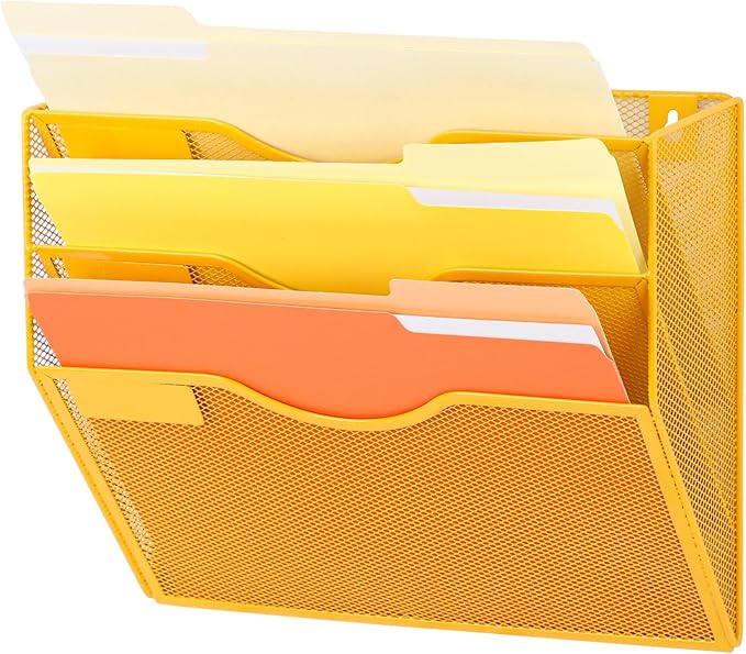 EASEPRES 3 Pocket Mesh Hanging Wall File Organizer, Wall Mounted Mail Paper Document Folder Holder, Clipboard Storage Organization Magazine Rack with Nametag Label for Office Home School, Yellow