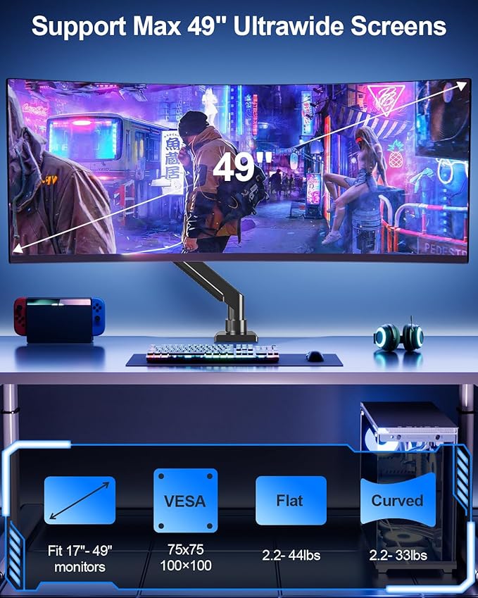 MOUNT PRO Heavy Duty Monitor Arm for Max 49 Inch Ultrawide Screens up to 44 lbs, Aluminum Premium Single Monitor Mount for Samsung Odyssey G9 and More, Adjustable Display Desk Stand, VESA 100x100mm