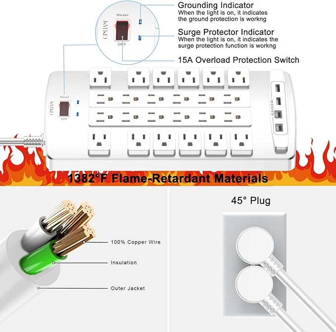 QINLIANF Surge Protector Power Strip - 10Ft Flat Plug Heavy Duty Extension Cord with 24 Outlets and 4 USB Ports(2 USB-C Ports), 1875W/15A, 4100J, for Home, Office, Dorm, ETL Listed, White