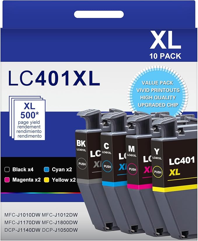 LC401XL LC401 High Yield MFC-J1010DW Ink Cartridges 10-Packs Compatible for Brother 401XL LC-401 Ink Cartridges Work with MFC-J1010DW J1170DW J1012DW J1800DW (4 Black, 2 Cyan, 2 Magenta, 2 Yellow)