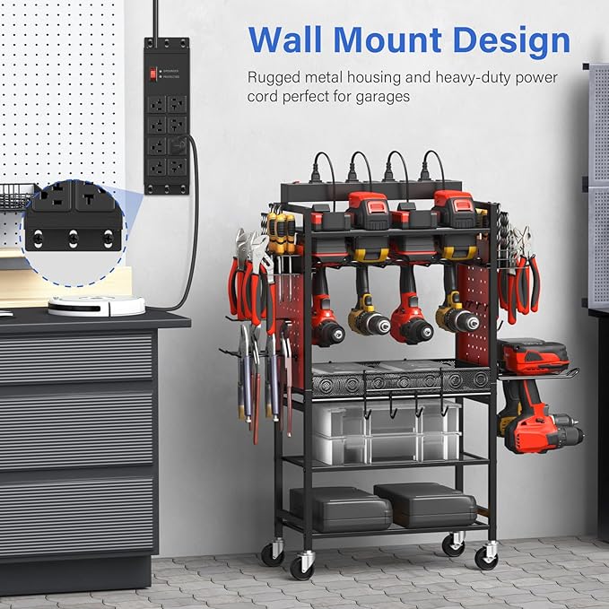 CCCEI Magnetic Heavy Duty Power Strip Surge Protector 20Amp, 12 Gauge High Amp Extension Outlets, Garage Wall Mount 8 Plug Metal Power Strip. 15FT, Black, 5-15P Adapter 6-20R T-Slot 20a for Appliance