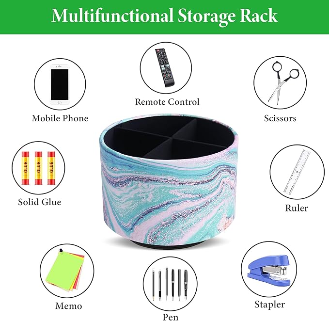 Round Leather Art Supply Organizer,Remote Control Holder,360-degree Rotating Pen Organizer with 4 Compartments(1-Pink Green Splash Ink)