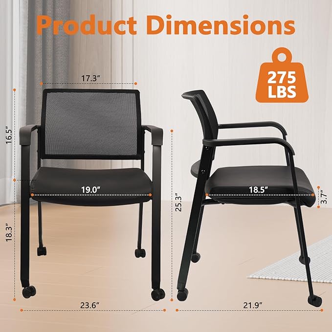 CLATINA Stacking Office Chair with Wheels, Mesh Back Waiting Room Guest Chairs with Arms Comfortable Leather Cushion Stackable Desk Chair for Conference Reception School Side Stationary, Black