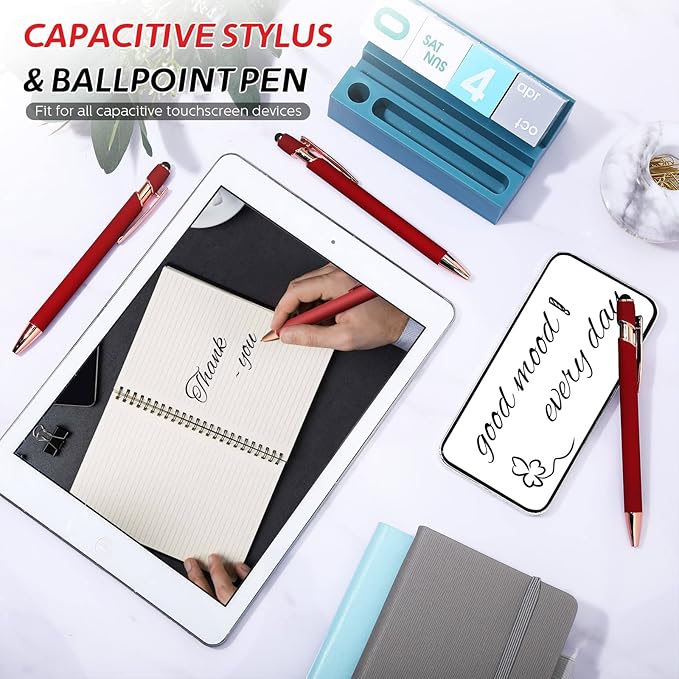 Tenare 12 Pieces 2 in 1 Stylus Metal Ballpoint Pen with Stylus Tip, 1.0 mm Black Ink Ballpoint Pen for Touch Screens(Wine Red and Rose Gold)