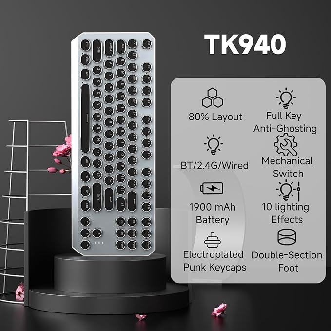 EWEADN Wireless Mechanical Typewriter Keyboard,80% Layout with White Backlit, Anti-Ghosting, Blue Switch Bluetooth/2.4GHz/USB-C Aesthetic Keyboard-Black