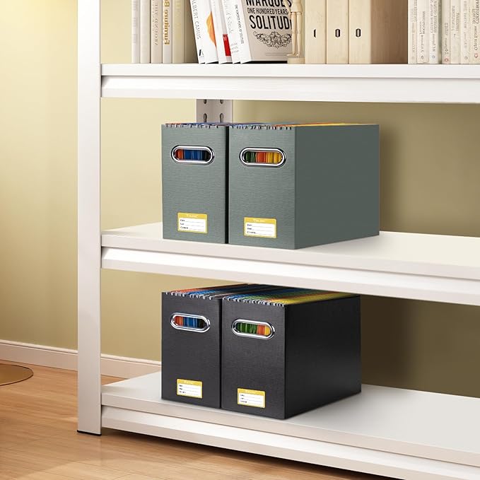 BALEINE File Organizer Box, Cardboard File Folder Organizer with Handle for Letter Size, Portable Collapsible Hanging Filing Box for Home Office Document Storage (2 Pack, Grey)