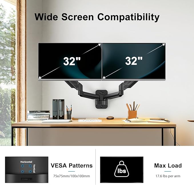 HUANUO Dual Monitor Wall Mount with Gas Spring Arms - 17-32 Inch Computer Screen Mount (4.4-17.6lbs Per Arm) - VESA 75x75/100x100 Height Adjustable Stand for Dual Monitors - Home Office Desk Setup