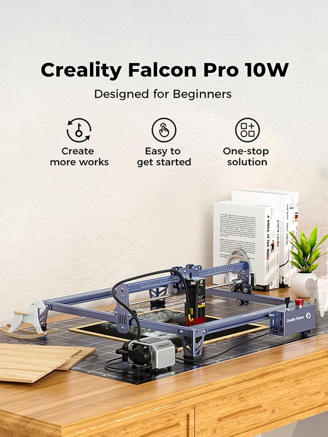Creality 10W Laser Engraver, Falcon Pro with 3-in-1 Laser for Wood Engraving, 72W Efficient Laser Engraving Machine Fit, for Wood, Metal, Paper, Acrylic, Leather, Glass Tumbler Ring, 17" x 16"