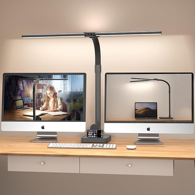 Double Head LED Desk Lamp, Architect Desk Lamps for Home Office, 24W Brightest Workbench Office Lighting-5 Color Modes and 5 Dimmable Eye Protection Modern Desk Lamp (Black-Desktop, Big)