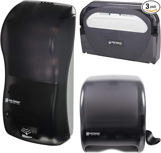 San Jamar Classic Black Pearl Set – Hybrid Soap & Sanitizer Dispenser (900 ml), Toilet Seat Cover Dispenser, and Commercial Paper Towel Roll Dispenser for Bathrooms