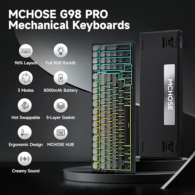 G98 PRO Wireless Mechanical Keyboard, Tri-Mode Connection Gaming Keyboard, Hot Swappable Custom Gasket Structure Pre-lubed Linear Switches Double Shot PBT Keycaps RGB LED Backlit Gradient Black