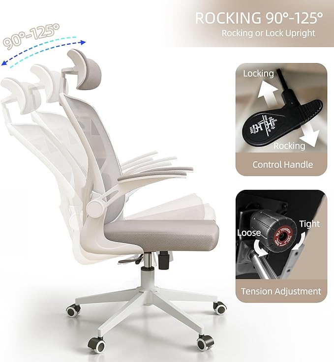 Ergonomic Office Chair, High-Back Mesh Computer Desk Chair with Adjustable Height, Lumbar Support, Flip-Up Armrests,headrest，and Swivel Rolling Design for Home and Office Use