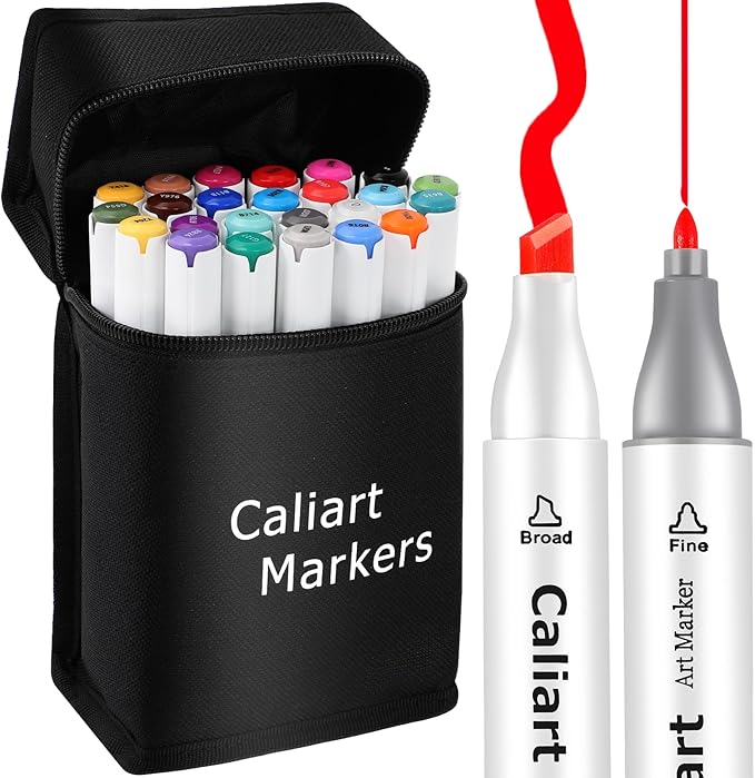 Caliart 24 Colors Fine & Chisel Permanent Alcohol Markers, Dual Tip Artist Sketch Art Markers Set for Adult Coloring Book, Aesthetic Cute School Supplies, Pens for Drawing Coloring Illustrations