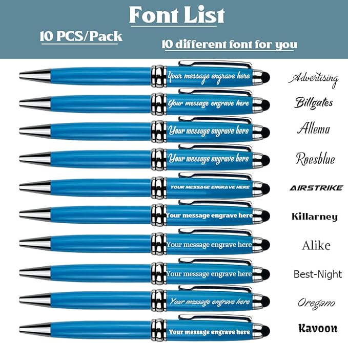 Ancolo Custom Personal Office Pens with Stylus Tip - Quality pens Fine point -Engraved Team Name, Phone Number, Slogan Perfect for Bank, Office, Hotel Lobbies 10 Pens/Box