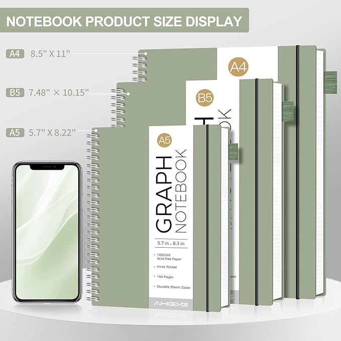 AHGXG Graph Paper Notebook - Spiral Notebook 8.5" x 11", A4 Large Graph Notebook, 100 gsm Thick Grid Paper, Waterproof Plastic Cover Journals for School Writing Engineering Math, Sage Green