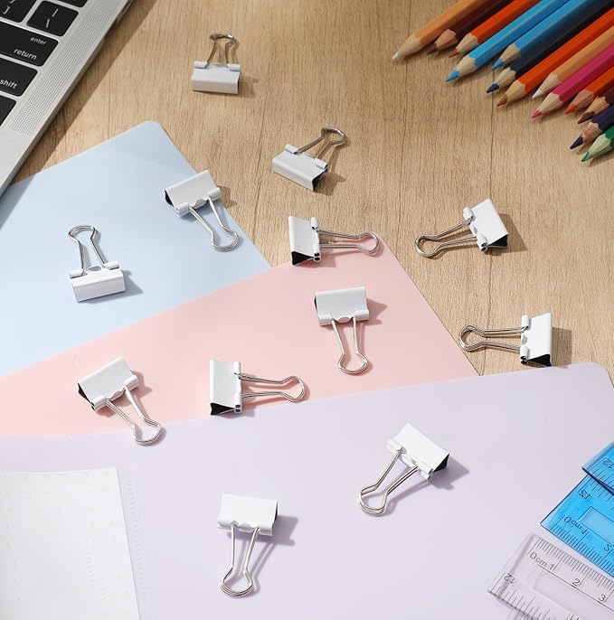 Jetec 100 Pack 0.6in/15mm White Metal Binder Clips Bulk Medium Reusable Fold Back Binder Clips Paper Clamps Spring Steel Sturdy for Home School Office Supplies
