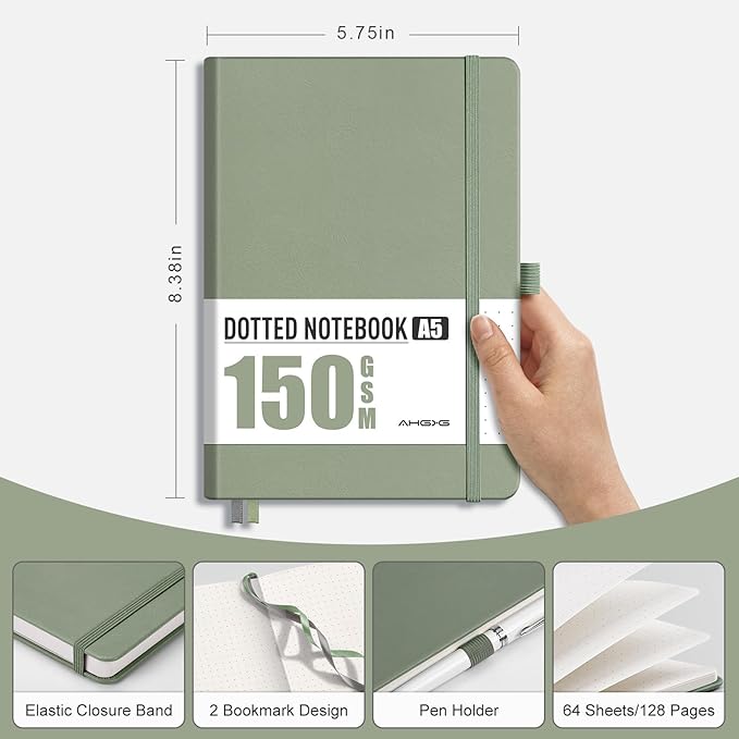 AHGXG Bullet Dotted Journal - 150 GSM Dot Grid Notebook Journal, Thick Acid-Free Paper, A5 Dotted Notebook 128 Pages, Leather Hardcover, Inner Pocket, Journal Stencil, 5.7'' × 8.3'' - Sage Green