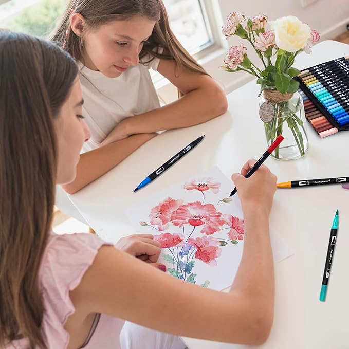 Dual Markers Brush Pens, 120 Coloring Pens for Adults – Premium Art Supplies for Kids & Adults, Perfect for Coloring Books, Hand Lettering, Calligraphy, and Drawing