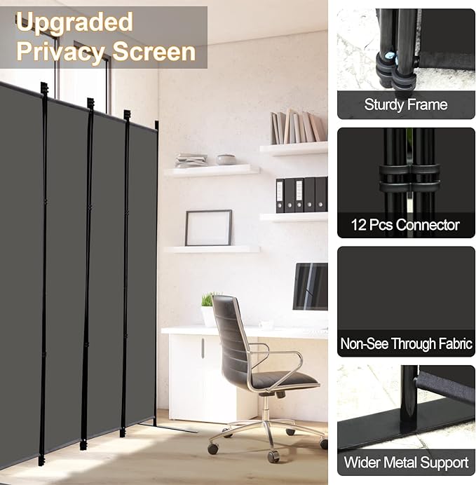 MAYOLIAH 4 Panel Room Divider Screen 6Ft Tall Foldable Privacy Dividers Indoor Wall Partition Room Separator Grey