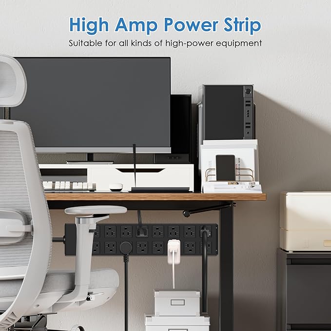 JUNNUJ Heavy Duty 20 Amp Power Strip with Surge Protection 3000J, Garage 16 Outlets Metal 12 Gauge, Desk Strips Wide Spaced, High Amp 5-15P Adapter Shop 6-20R T-Slot Industrial Outlets (16AC, 6FT)