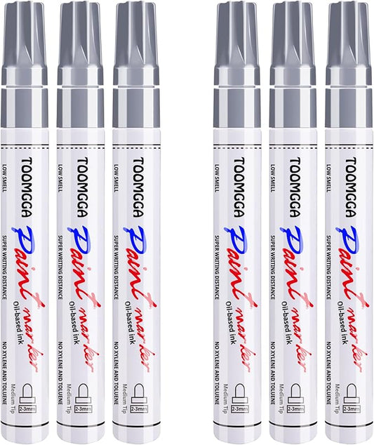 Silver Paint Pens Paint Markers - 6 Pack Permanent Markers Oil Based for Metal Wood, Pens for Metal, Car Tyre,Wood, Plastic, Rock Painting, Glass, Craft Supplies,Waterproof