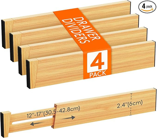 Lifewit 4 Pack Drawer Dividers Bamboo 2.4" High, 12-17" Adjustable Drawer Organizers for Clothes, Wooden Dresser Separators in Bedroom/Bathroom/Kitchen/Fridge/Office Organization and Storage