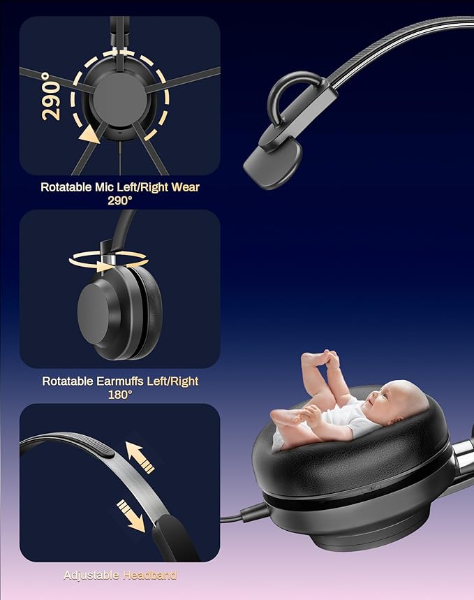USB Headset with Microphone for PC & Laptop - Noise Reduction On-Ear Wired Headphones with in-Line Volume Control, Call Answer Button for MS Teams, IP Phones, Work, Zoom, Skype