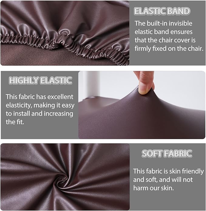 CWK Waterproof PU Leather Dining Chair Covers Set of 4-Stretchable Chair Seat Slipcovers, Removable & Washable Protector for Dining Room,Home,Office,Wedding,Rear Covers (PU-Coffee)