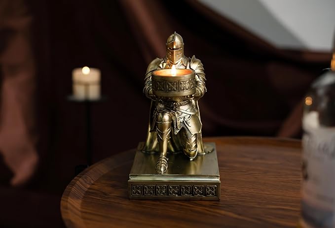 King's Guard Kneeling Knight Candlestick Holders Resin Posture TeaLight Holder Warrior Mobile Phone Stand Pen Holder Candle Holder for Restaurant, Altar, Home Table(Bronze)