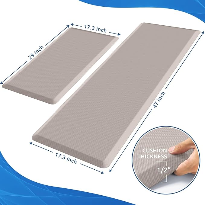 KitchenClouds 2PCS Kitchen Rugs Cushioned Anti-Fatigue Non-Slip Waterproof Kitchen Mat Comfort Foam Standing Mat for Floor Office Sink Laundry (Khaki)