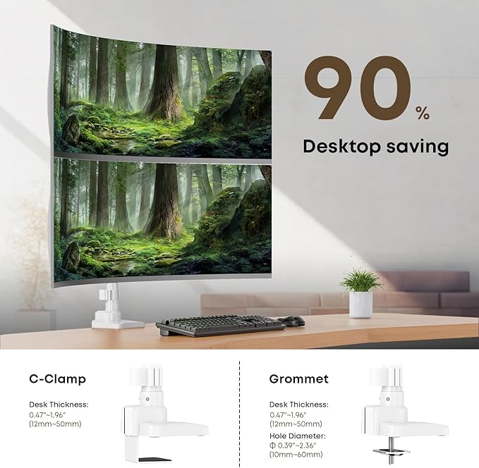 PUTORSEN 17-49”Premium Aluminum Heavy Duty Dual Monitor Arm for Ultrawide Screens up to 44lbs, Vertical Stacked Dual Monitor Desk Mount, Full Motion Dual Vertical Monitor Mount, VESA 75/100, White