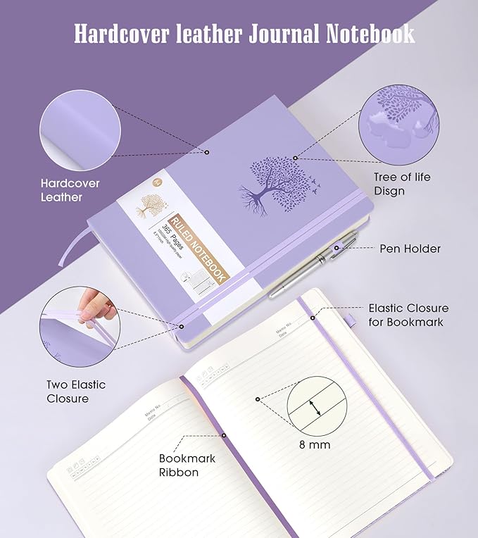 Lined Journal, 365 Pages A4 Large Hardcover Leather Notebook for Women Men, Daily Writing for Work, Note Taking, 100Gsm Paper (8.5" x 11" Purple)