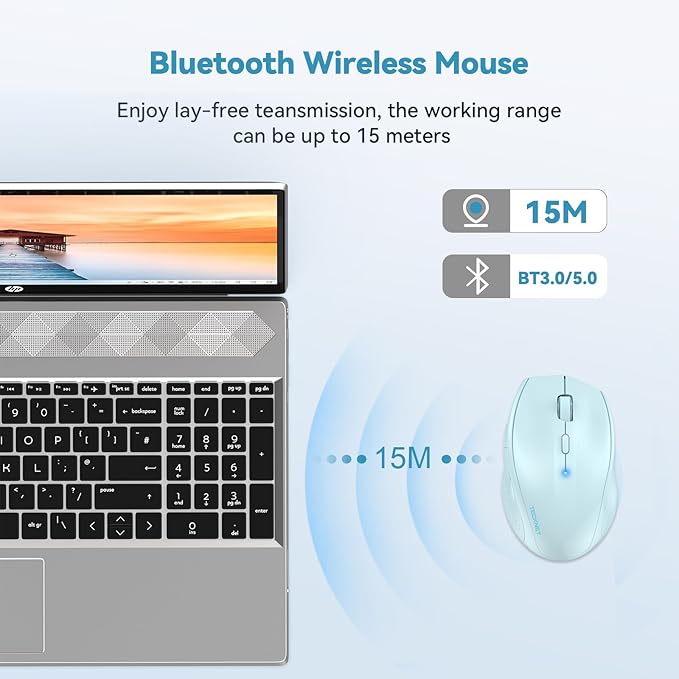 TECKNET Bluetooth Mouse, 4800 DPI Wireless Mouse, 2-Year Battery 6 Adjustable DPI, 6 Buttons Compatible with Laptop/Windows/Computer - Lightblue