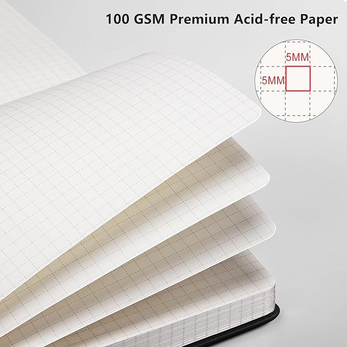RETTACY Graph Grid Paper Notebook, 192 Pages, A5 Medium Size (5.7'' x 8.3''), 5 Squares per Inch, Leather Hardcover, 100 GSM Thick Paper, for School, Students, Math, Engineering (Rose Gold)