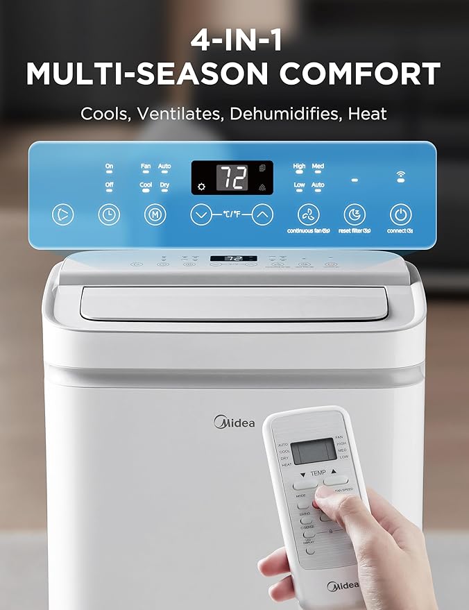 Midea 14,000 BTU ASHRAE (10,000 BTU SACC) Portable Air Conditioner, Cools up to 450 Sq.Ft., with Dehumidifier&Fan mode&Heat, Control with Remote, Amazon Alexa&Google Assistant, Easy-to-use and Install