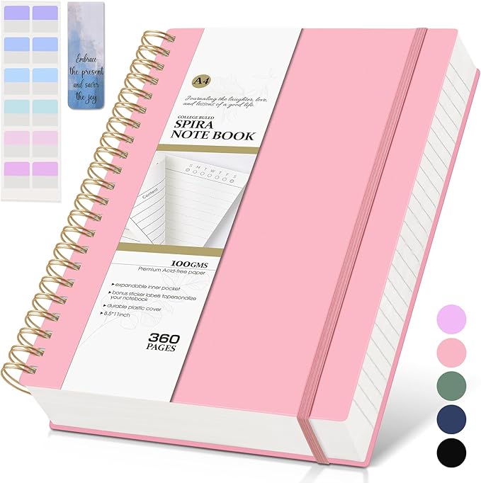 Pink Spiral Notebook Journal College Ruled 8.5''x 11'', 360 Pages Lined Thick Journals for Women Men, A4 Large Spiral Notebooks with 100GSM Paper, Spiral Journaling for Writing Work, School
