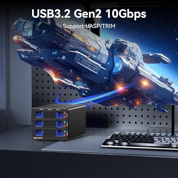 Hybrid 2*2.5/3.5" SATA HDD/SSD+3* M / B+M Key M.2 NVMe Enclosure with Cooling Fan and USB A/C 3.2 Gen 2, Hard Drive Enclosure Support 68TB(2*22TB HDD+3*8TB 2230/2242/2260/2280/22110 SSDs)