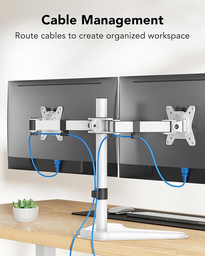 HUANUO 32 inches Dual Monitor Stand up to 17.6lbs, High-Grade Aluminum Free-Standing Dual Monitors Mount for 2 Screens. Fully Adjustable Dual Monitor Stand for Desk with Tilt, Swivel, Rotation, White